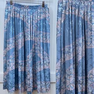 Vintage Blue Abstract Geometric Print Pleated Maxi Skirt Medium Made In Canada